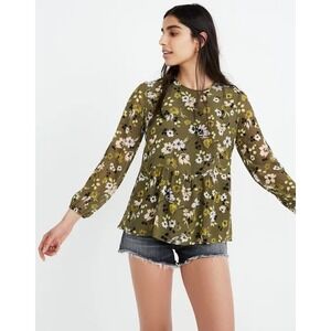Madewell Woman's Georgette Green Floral Babydoll Peplum Top Blouse- Size Small